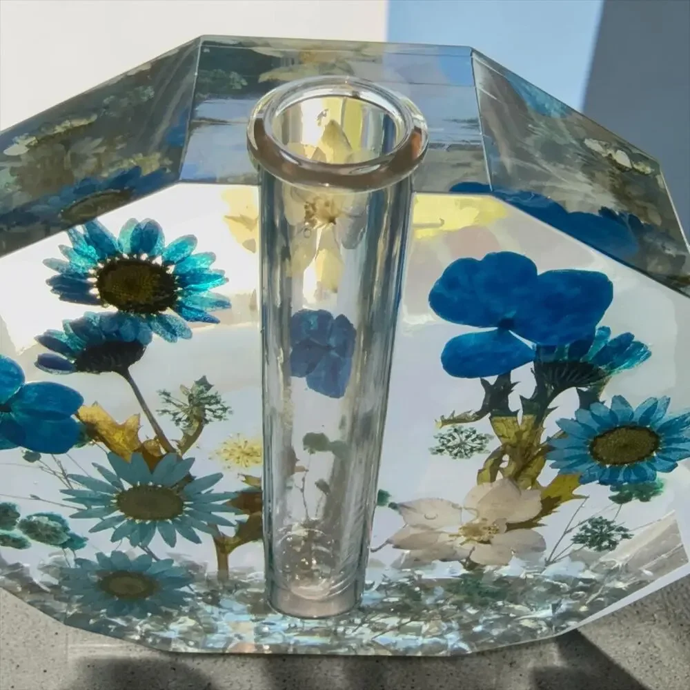 Forever Bloom Blue Meadow Bud Vase Real Pressed Flowers in Crystal Clear Resin
